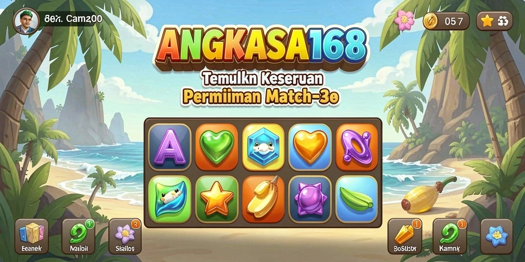 Tampilan gameplay <strong>ANGKASA168</strong> menampilkan objek penuh warna dalam tantangan Match-3.