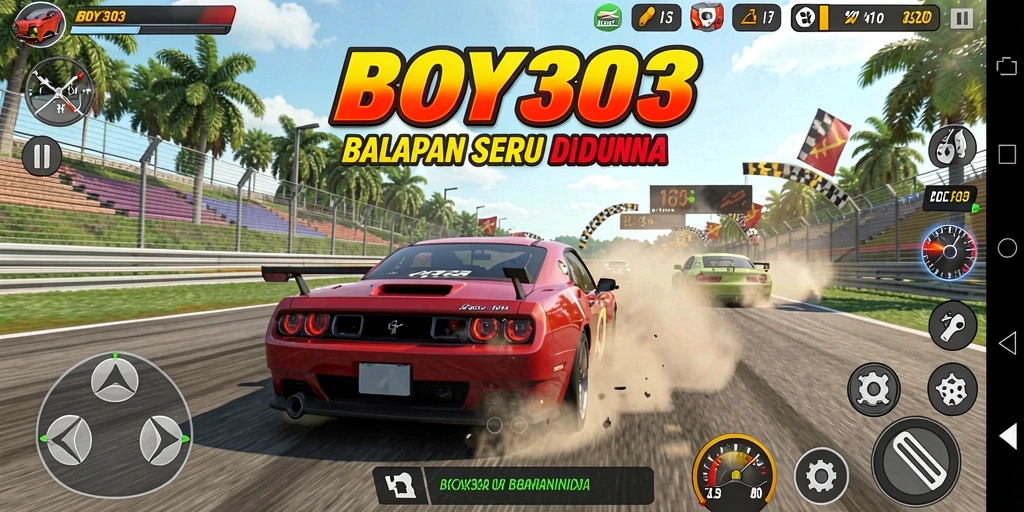 Tampilan gameplay BOY303 dengan mobil balap di trek menarik.