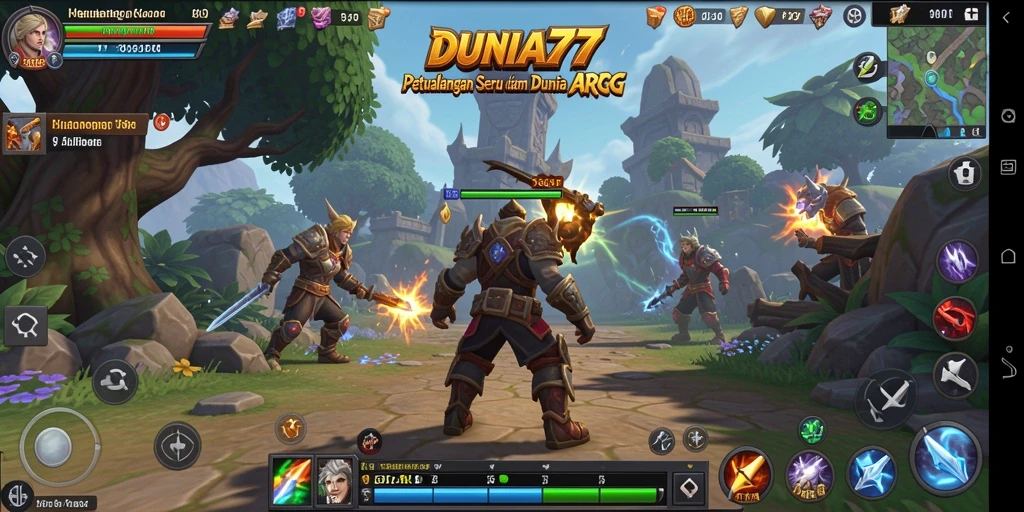 Tampilan gameplay DUNIA77 dengan pertempuran seru dan karakter yang beragam.