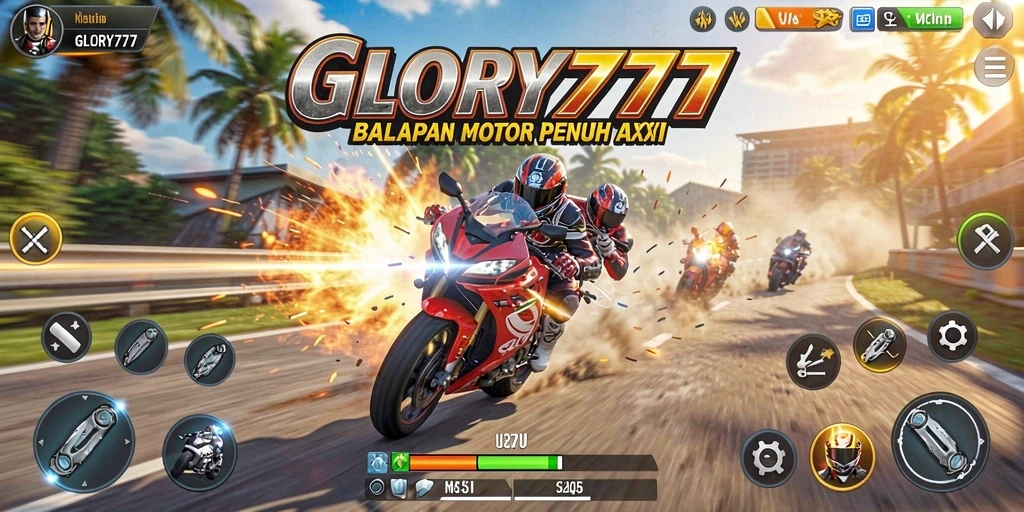 Screenshot dari gameplay GLORY777 menampilkan aksi balapan motor yang mendebarkan.