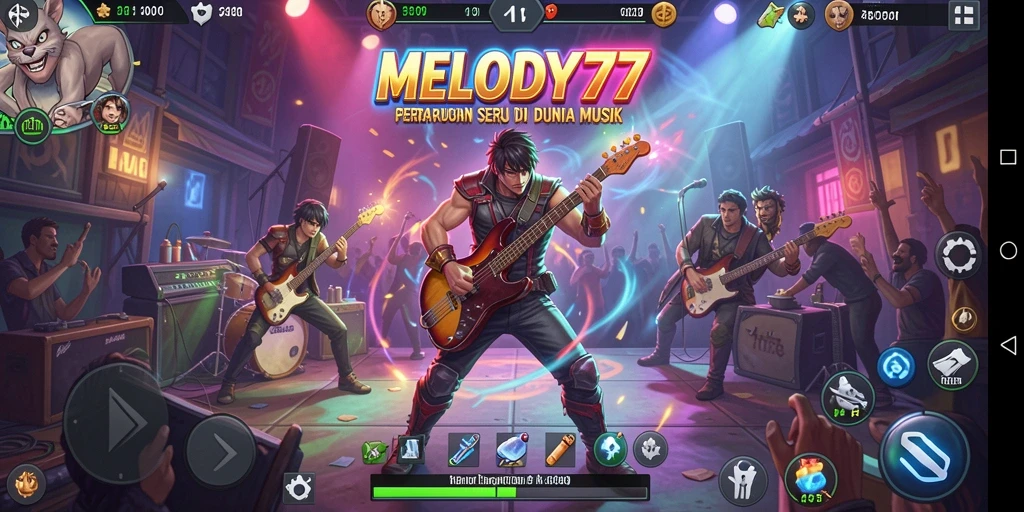 Screenshot dari gameplay <strong>MELODY77</strong> menunjukkan pertarungan penuh aksi.