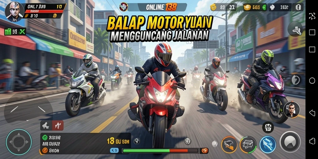 Tangkapan layar utama ONLINE138 menampilkan aksi balap motor yang mendebarkan.
